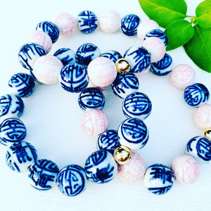 Porcelain Stretch Bead Bracelet - Azalea Pink & Traditional Blue