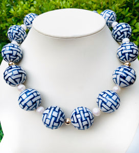 Blue & White Basket Weave Statement Necklace.  Fresh Water Pearls.  14k Gold Filled Stations with Clasp