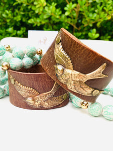 Recycled Leather Brass Swallow Cuff Bracelet