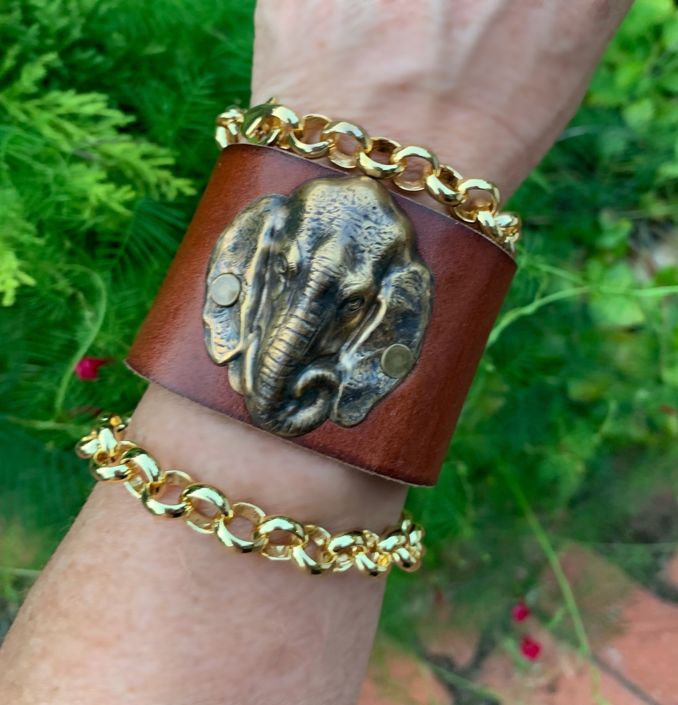 Recycled Leather Brass Elephant Cuff Bracelet