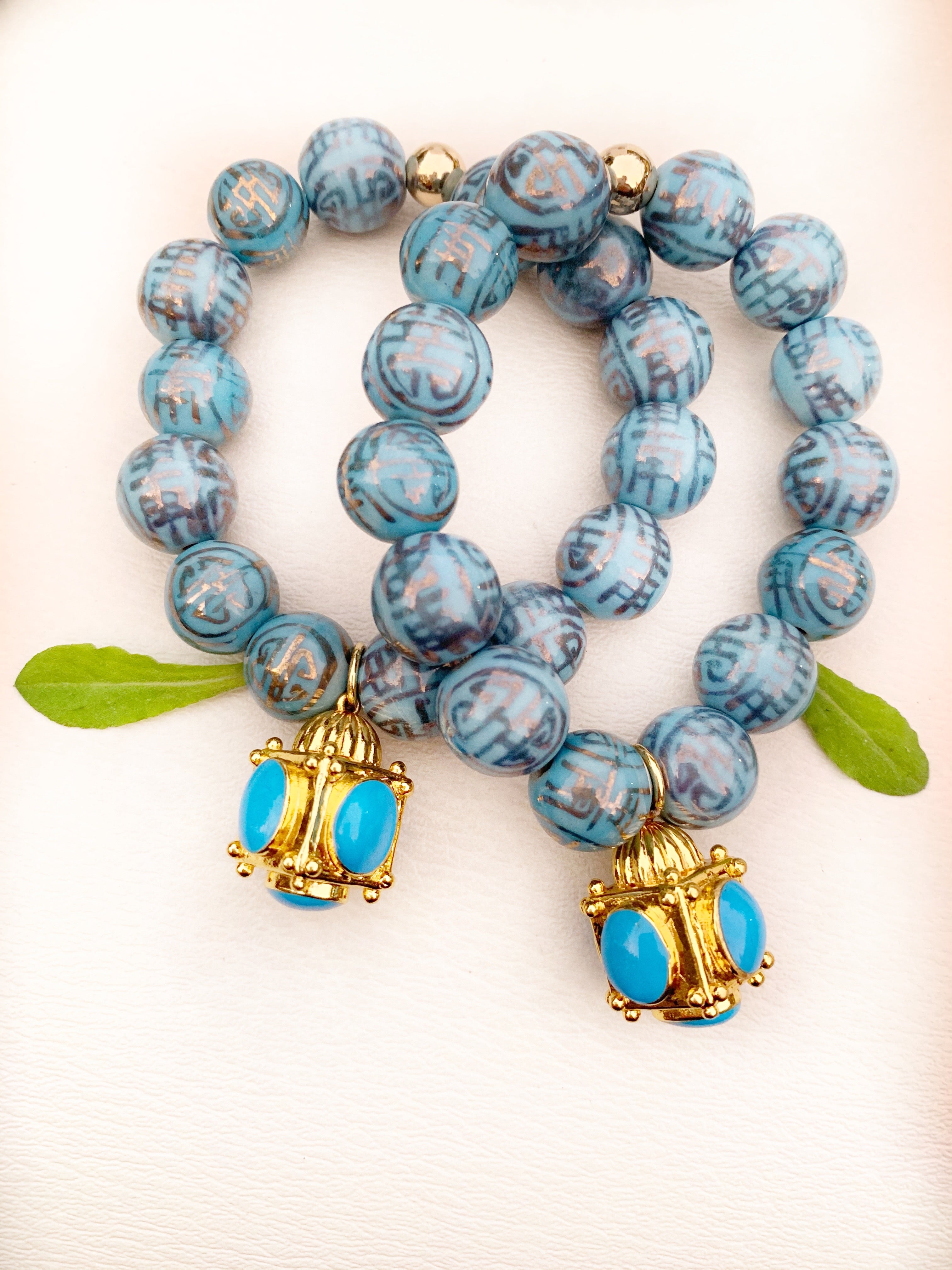 Light of the World lantern charm bracelet - Luxe beads ( gold paint longevity symbol)