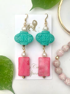Turquoise and pink Chinoiserie and Earrings