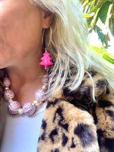 Pink Christmas tree hoop earrings