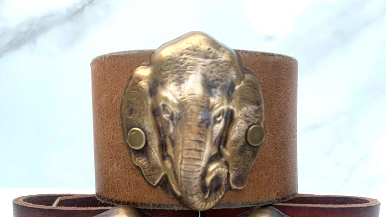 Recycled Leather Brass Elephant Cuff Bracelet